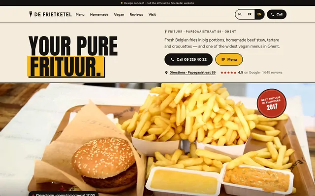 De Frietketel concept homepage: a tray of Belgian fries with the headline Your pure frituur.