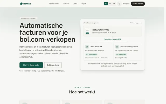 Hamiku homepage: headline Automatische facturen voor je bol.com-verkopen, with a start-free button.