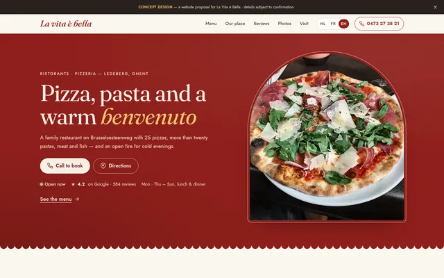 La Vita è Bella concept homepage: a deep red page with a pizza and the headline Pizza, pasta and a warm benvenuto.
