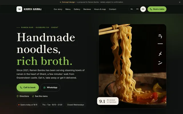 Ramen Bambu concept homepage: a dark page with noodles lifted by chopsticks and the headline Handmade noodles, rich broth.
