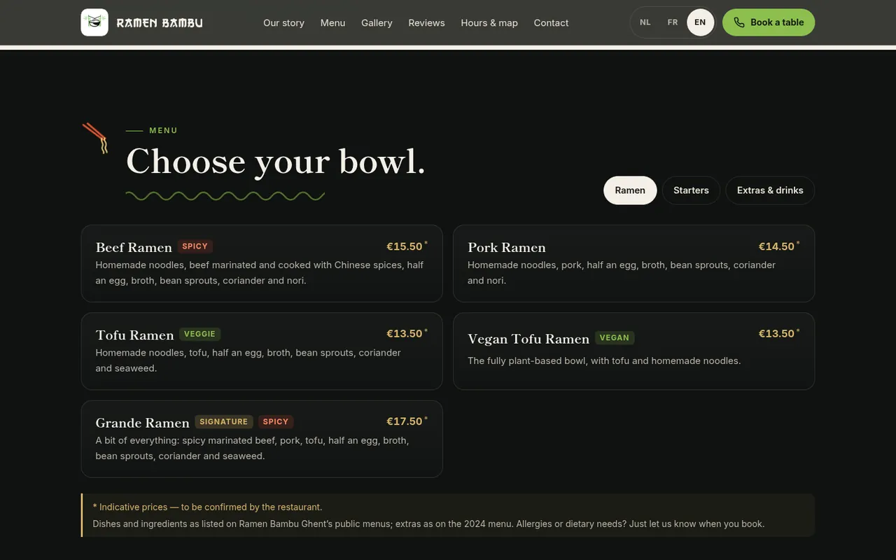 Ramen Bambu concept menu section: Choose your bowl, with dishes, prices and category filters.